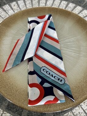 Coach Skinny Silk Twilly Scarf in Navy, Light Blue, Coral & Cream